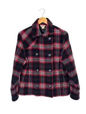 Woolrich Plaid Wool Blend Peacoat Jacket Red Black Double Breasted M Fall